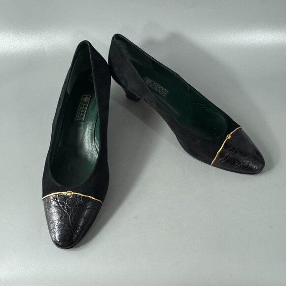 Authentic Gucci 70's-80's Black Suede/Leather w/ Micro GG Logo Pumps, Size 38.5 - Picture 1 of 14